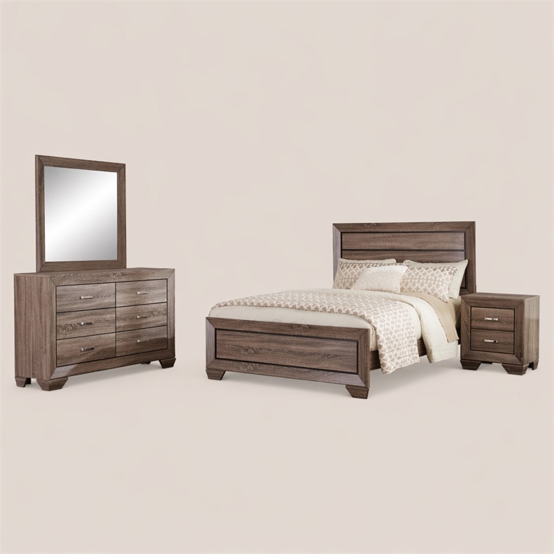 Pemberly Row 4-Piece Eastern King Bedroom Set in Washed Taupe Oak Finish