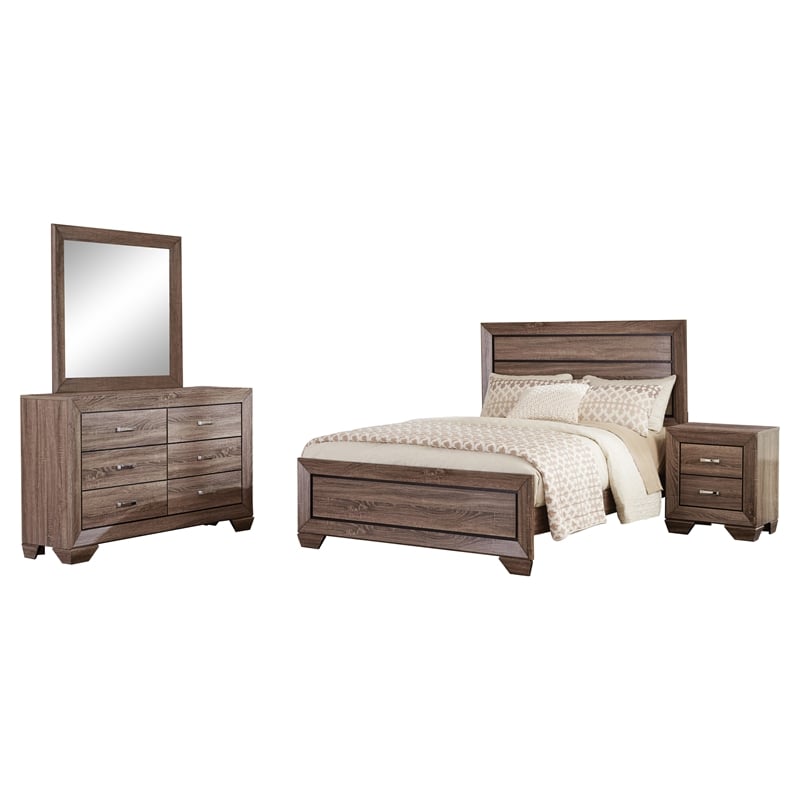 Pemberly Row 4-Piece Eastern King Bedroom Set in Washed Taupe Oak Finish