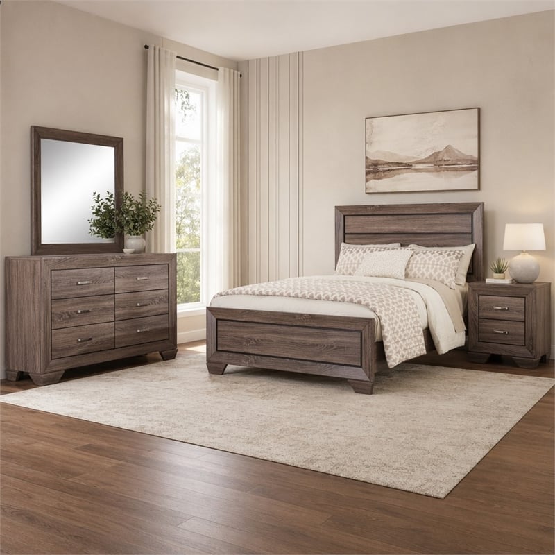 Pemberly Row 4-Piece Eastern King Bedroom Set in Washed Taupe Oak Finish
