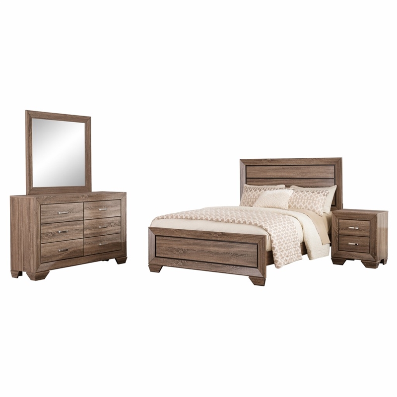 Pemberly Row 4-Piece Eastern King Bedroom Set in Washed Taupe Oak Finish