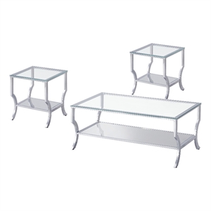 Pemberly Row 3-Piece Glass Coffee & End Table Set with Chrome Finish