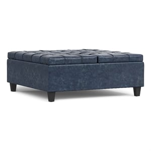 Pemberly Row Square Coffee Table Storage Ottoman in Blue Vegan Faux Leather