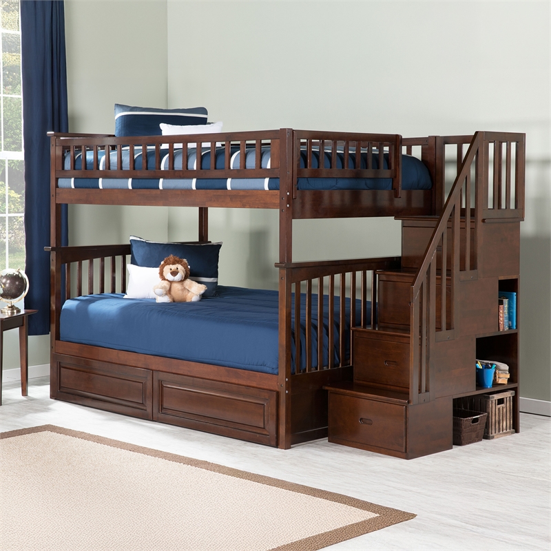 Pemberly Row Full Over Full Wood Staircase Bunk Bed with Trundle in Walnut