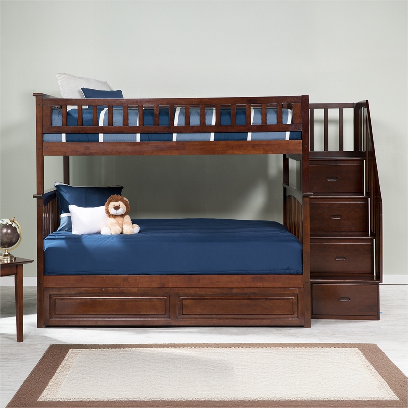 Pemberly Row Full Over Full Wood Staircase Bunk Bed with Trundle in Walnut