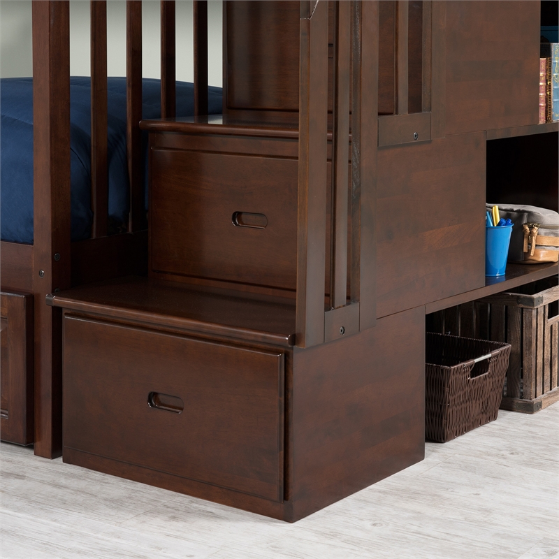 Pemberly Row Full Over Full Wood Staircase Bunk Bed with Trundle in Walnut