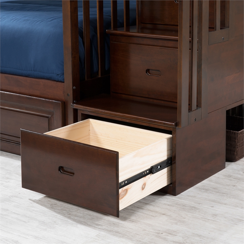 Pemberly Row Full Over Full Wood Staircase Bunk Bed with Trundle in Walnut
