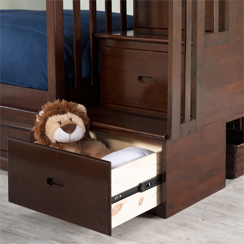 Pemberly Row Full Over Full Wood Staircase Bunk Bed with Trundle in Walnut