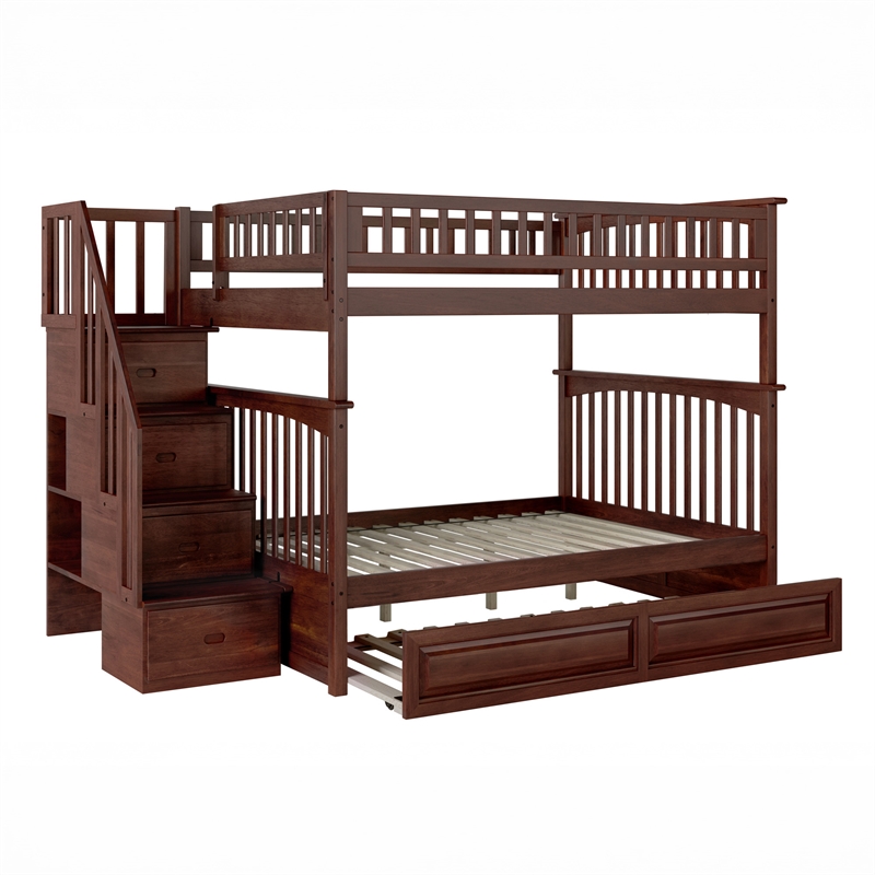 Pemberly Row Full Over Full Wood Staircase Bunk Bed with Trundle in Walnut