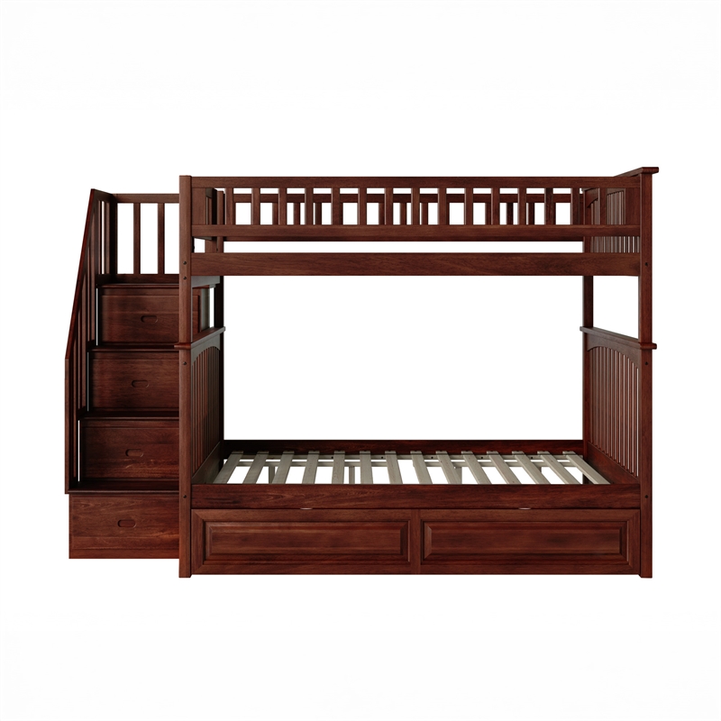 Pemberly Row Full Over Full Wood Staircase Bunk Bed with Trundle in Walnut