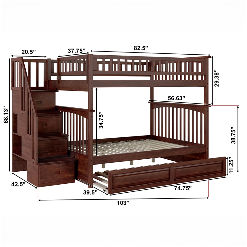 Pemberly Row Full Over Full Wood Staircase Bunk Bed with Trundle in Walnut