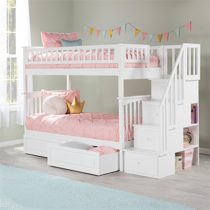 Pemberly Row Twin Over Twin Solid Wood Staircase Storage Bunk Bed in White