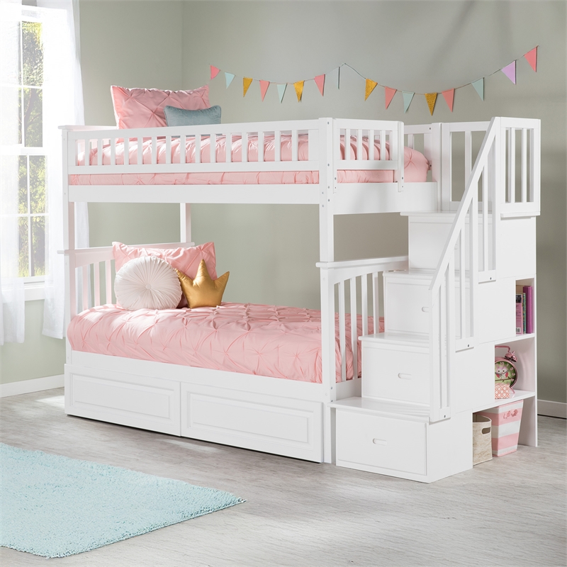 Pemberly Row Twin Over Twin Solid Wood Staircase Storage Bunk Bed in White
