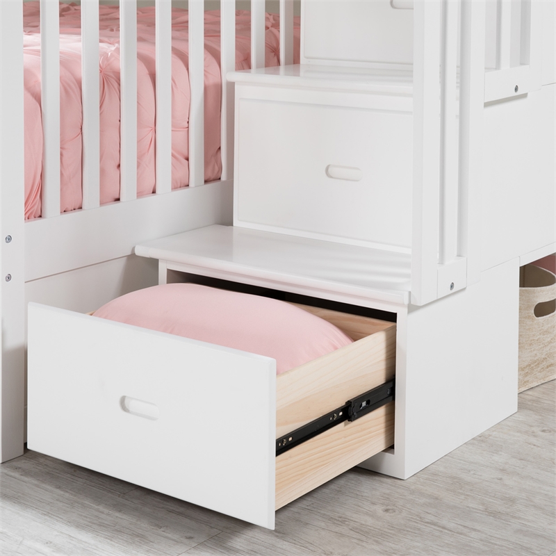Pemberly Row Twin Over Twin Solid Wood Staircase Storage Bunk Bed in White