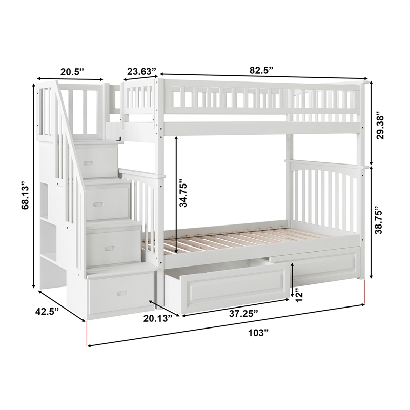 Pemberly Row Twin Over Twin Solid Wood Staircase Storage Bunk Bed in White