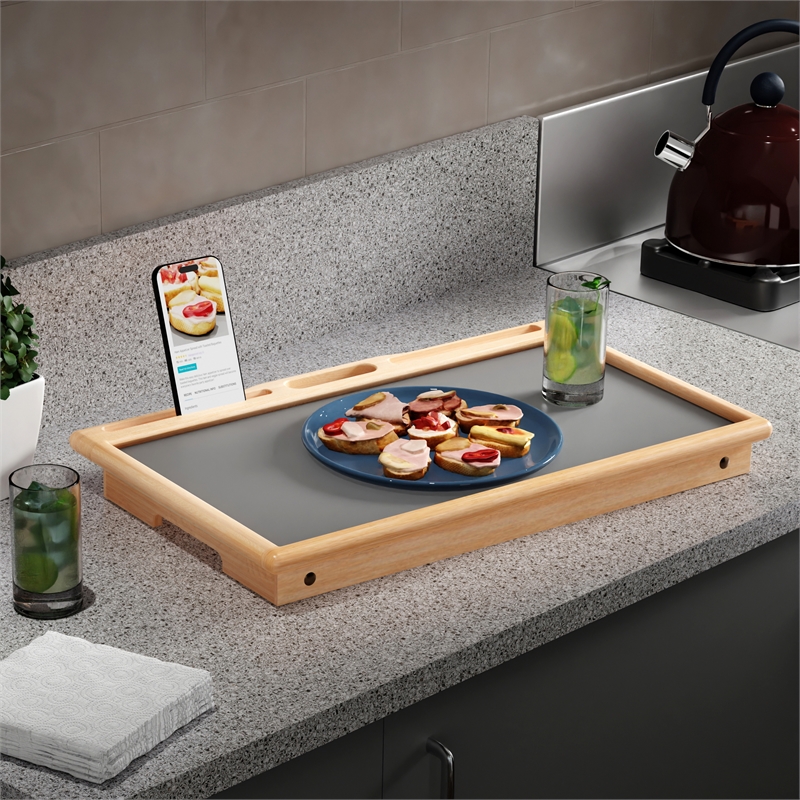 Pemberly Row Arlo Breakfast Tray with Flip Top in Gray and Natural Finish