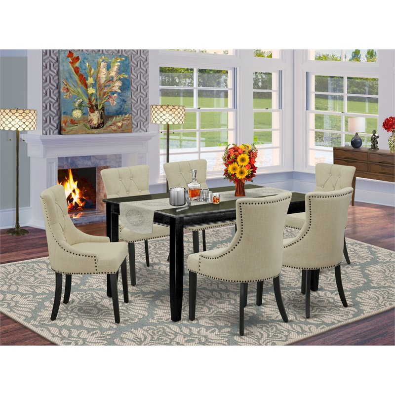 Pemberly Row 7-Piece Rubberwood Dining Set in Black with Light Beige Chairs