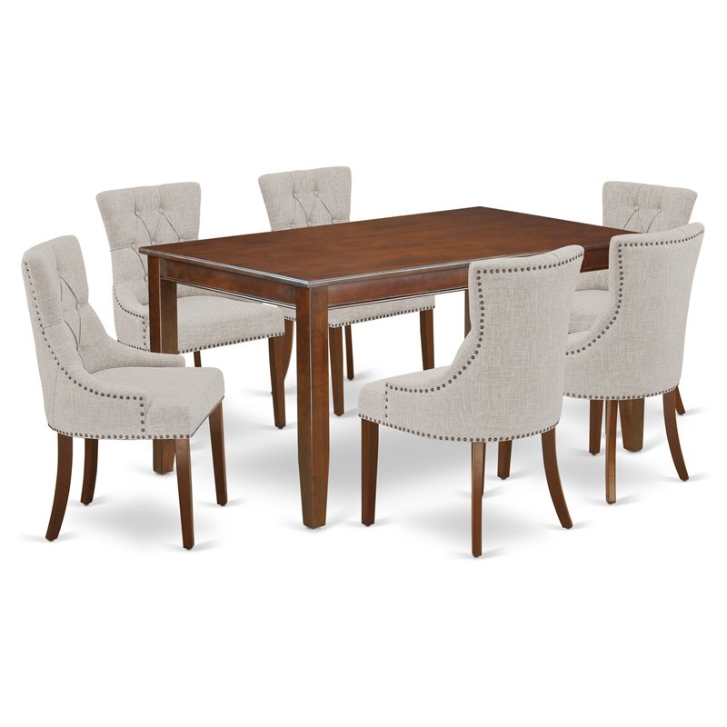 Pemberly Row 7-Piece Wood Dining Set with Mahogany Finish and Doeskin Chairs