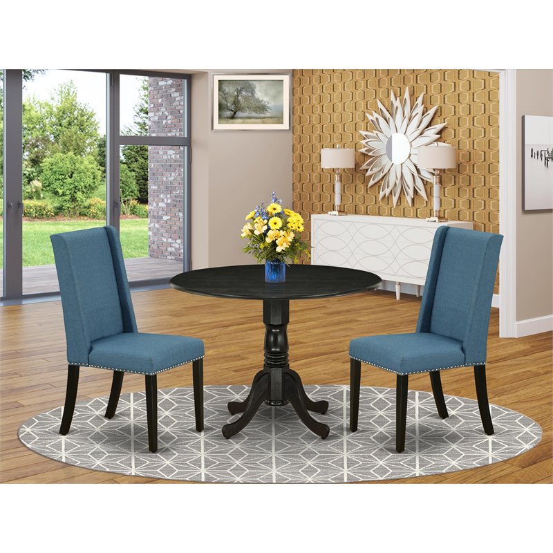 Pemberly Row 3-Piece Dining Set with Black Round Table and Mineral Blue Chairs