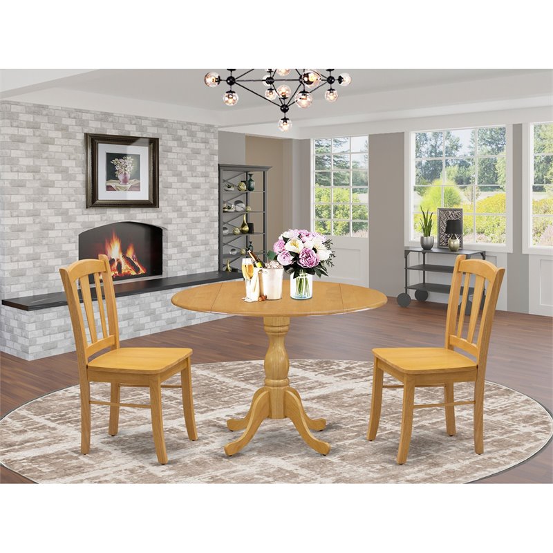 Pemberly Row 3-Piece Wooden Dining Set with Oak Finish and Pedestal Table