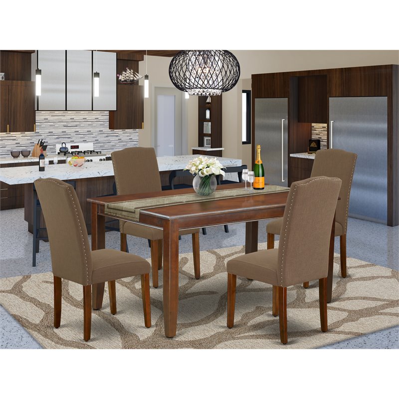 Pemberly Row 5-Piece Wood Dining Set with Linen Seats in Mahogany/Dark Coffee