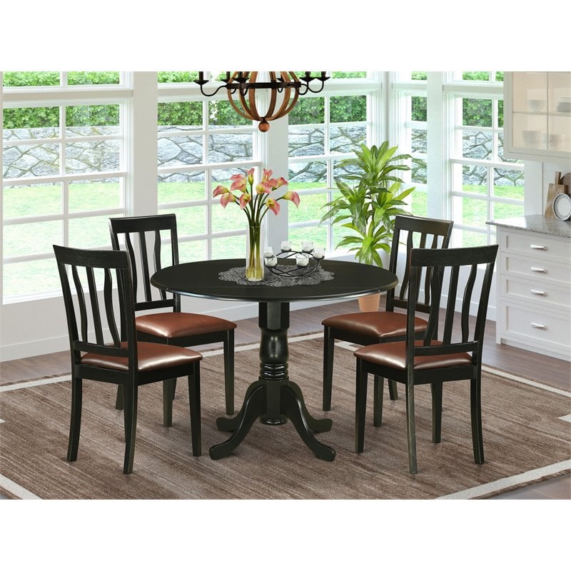 Pemberly Row 5-Piece Wood Dining Table Set Black Finish Faux Leather Seats