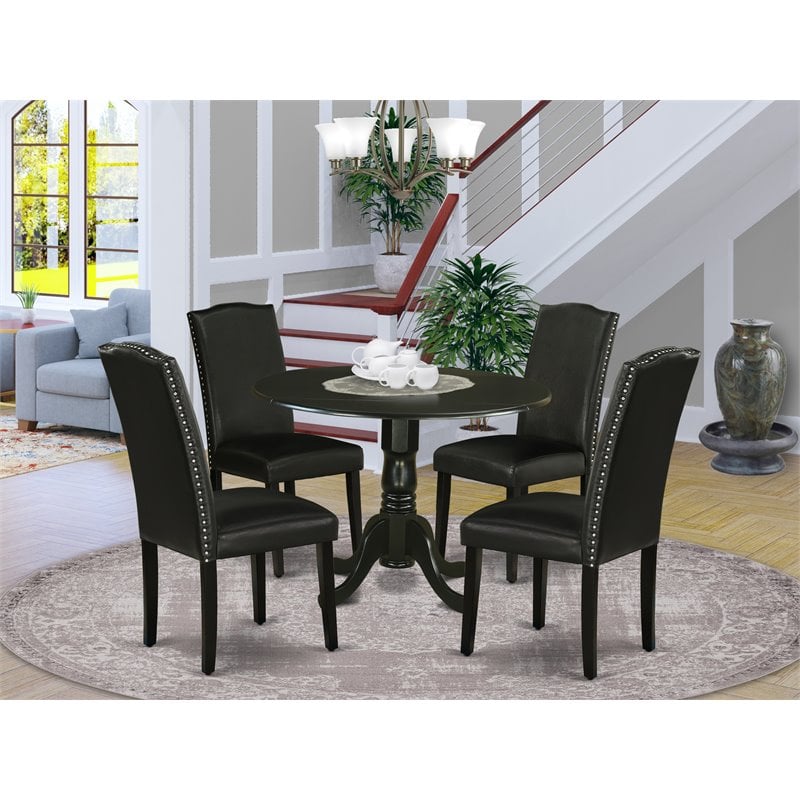 Pemberly Row 5-Piece Wood Dining Set with Black Leather Seat