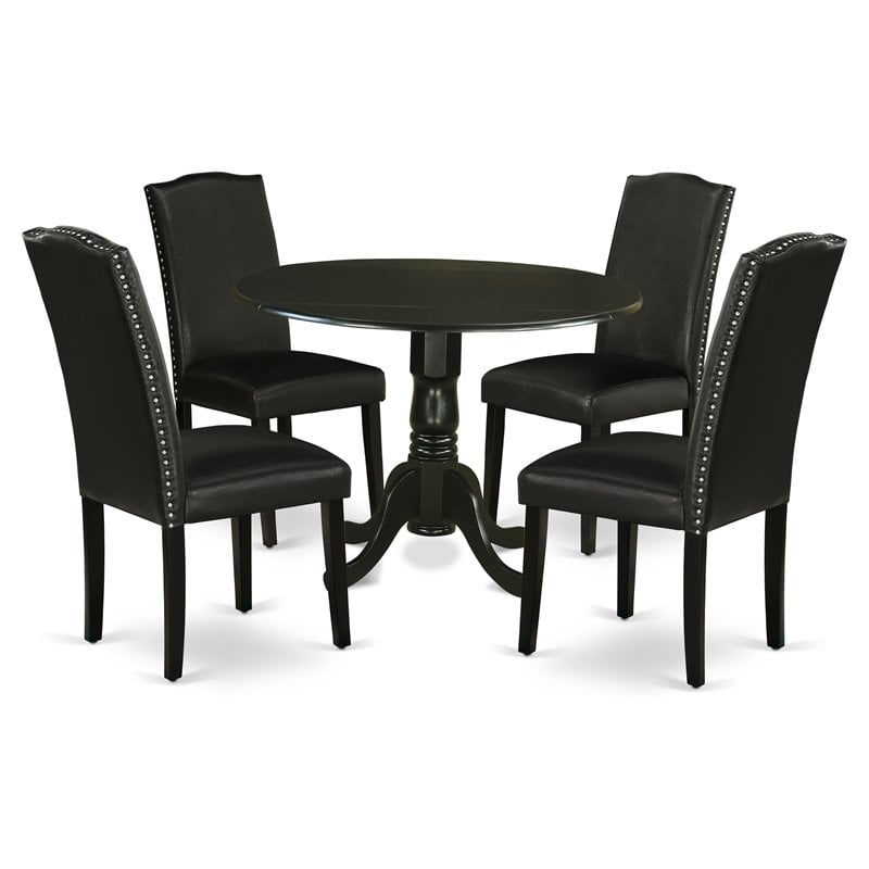 Pemberly Row 5-Piece Wood Dining Set with Black Leather Seat