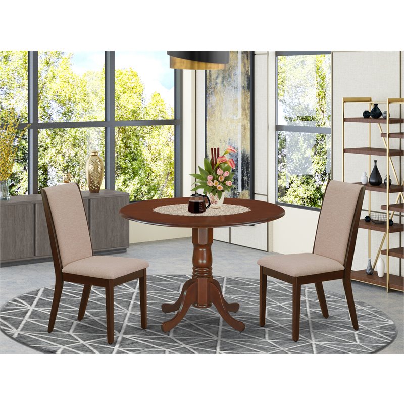 Pemberly Row 3-Piece Wood Dining Set in Mahogany with Light Tan Fabric