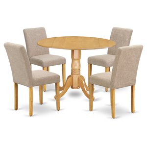 Pemberly Row 5-Piece Round Dining Set in Oak Finish with Light Fawn Chairs