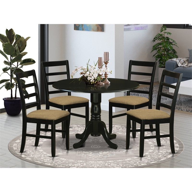 Pemberly Row 5-Piece Black Wood Dining Set with Linen Fabric Chairs