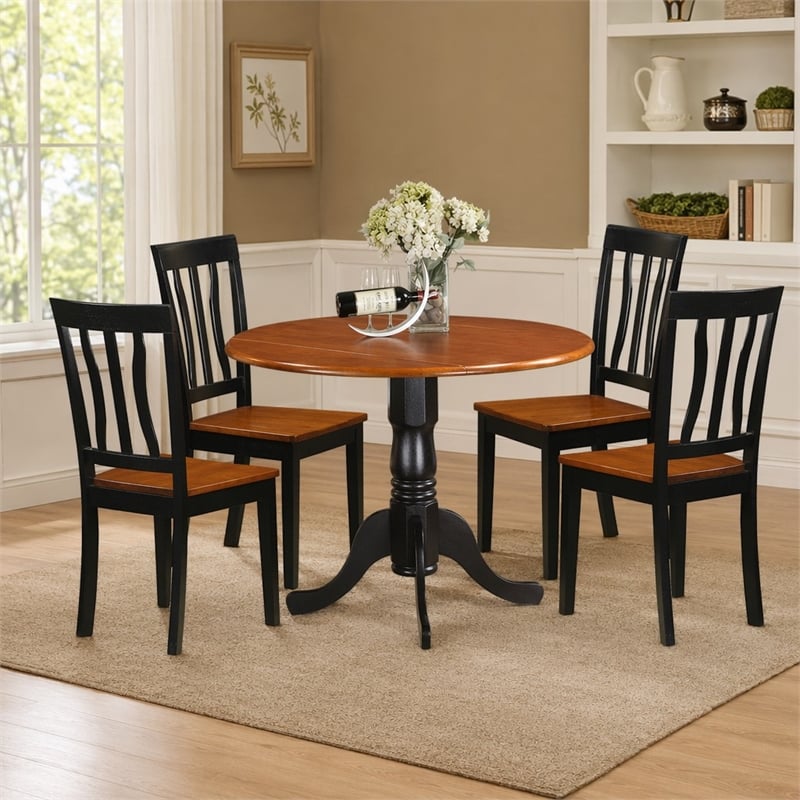 Pemberly Row 5-Pc Dining Room Set with Wood Seats in Black/Cherry