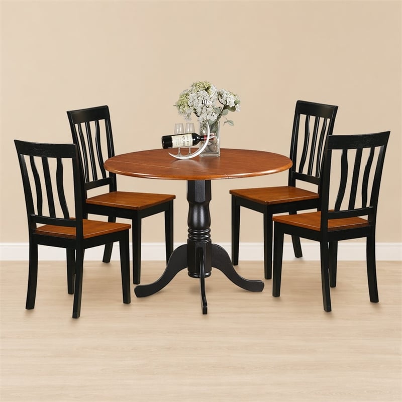 Pemberly Row 5-Pc Dining Room Set with Wood Seats in Black/Cherry