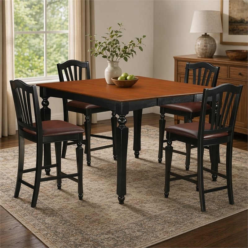 Pemberly Row 5-Piece Wood Black & Cherry Dining Set with Leather Seats