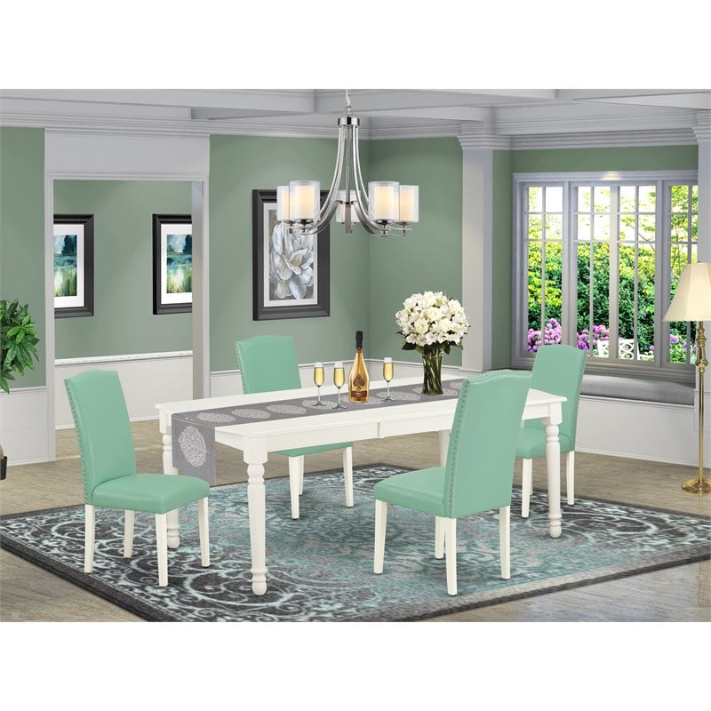 Pemberly Row Wood 5-Piece Dining Set in Linen White and Pond PU Leather