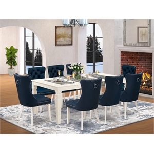 Pemberly Row 9-Piece Dining Set with Butterfly Leaf in Linen White & Navy Blue