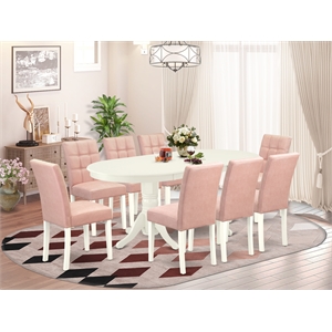 Pemberly Row 9-Piece Oval Dining Set with Drop Leaf in Linen White & Beige Red