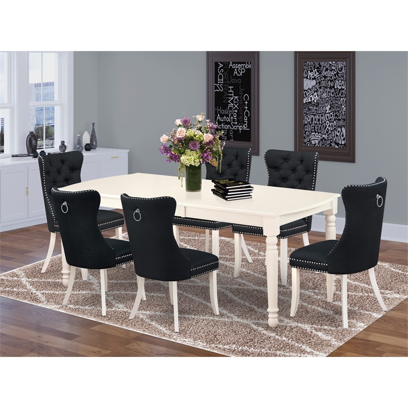 Pemberly Row 7-Piece Dining Set Rubber Wood Black Upholstery Linen White