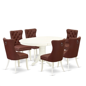 Pemberly Row 7-Piece Oval Dining Table Set Rubberwood Burgundy Linen White