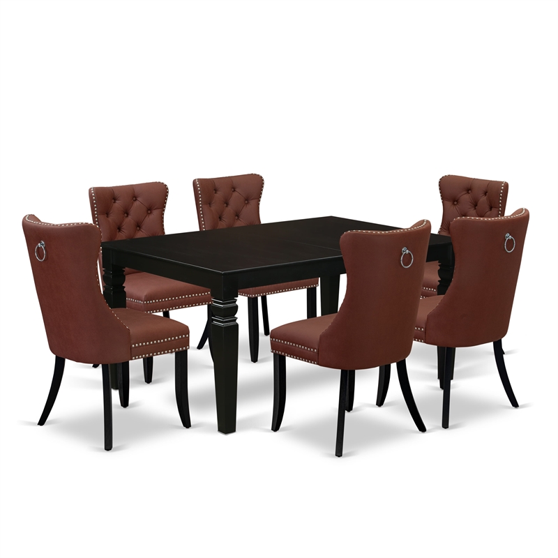 Pemberly Row 7-Piece Dining Table Set Rubberwood Black Finish Burgundy Chairs