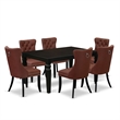 Pemberly Row 7-Piece Dining Table Set Rubberwood Black Finish Burgundy Chairs
