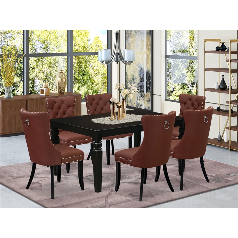 Pemberly Row 7-Piece Dining Table Set Rubberwood Black Finish Burgundy Chairs
