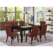 Pemberly Row 7-Piece Dining Table Set Rubberwood Black Finish Burgundy Chairs