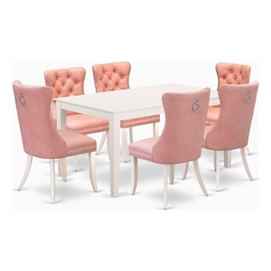 Pemberly Row 7-Piece Dining Room Set in Linen White with Beige Red Chairs