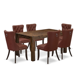 Pemberly Row 7-Piece Dining Table Set with Burgundy Tufted Chairs