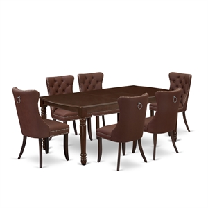 Pemberly Row 7-Piece Dining Table Set in Mahogany Wood with Burgundy Chairs