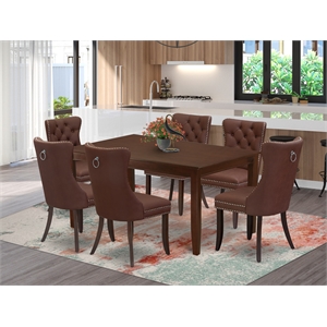 Pemberly Row 7-Piece Dinette Set with Faux Leather Burgundy Chairs in Mahogany