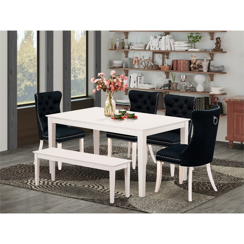 Pemberly Row 6-Piece Dining Set in Linen White Finish with Black Upholstery