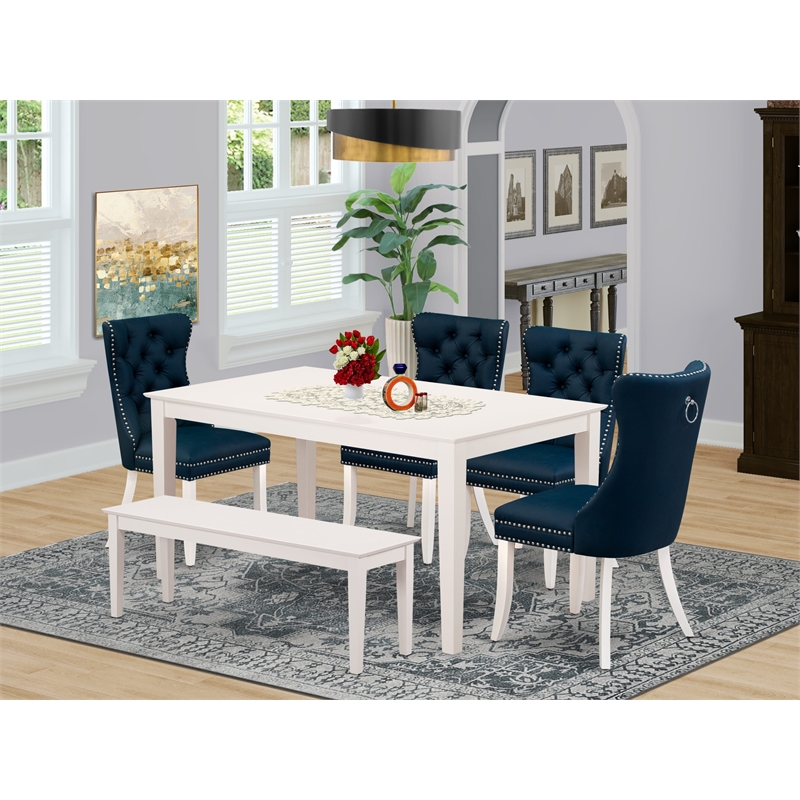 Pemberly Row 6-Piece Dining Set in Linen White with Navy Blue Faux Leather