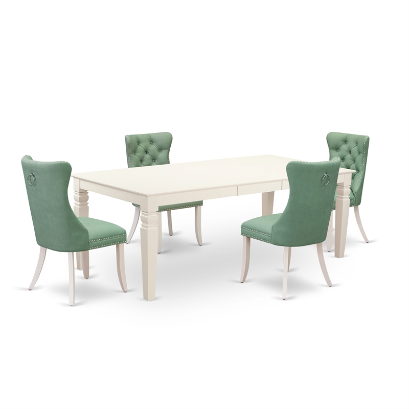 Pemberly Row 5-Piece White Dining Set with Green Faux Leather and Rubber Wood