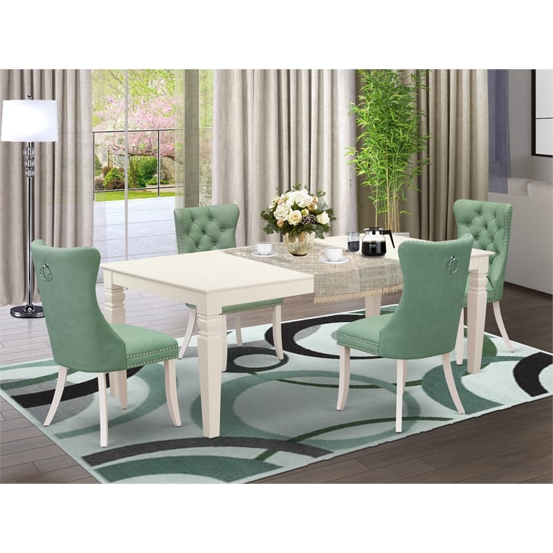 Pemberly Row 5-Piece White Dining Set with Green Faux Leather and Rubber Wood